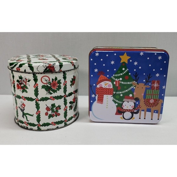 Small Christmas Tins Candy Cookies Goodies EMPTY with Lids Lot of 2 - Picture 1 of 11